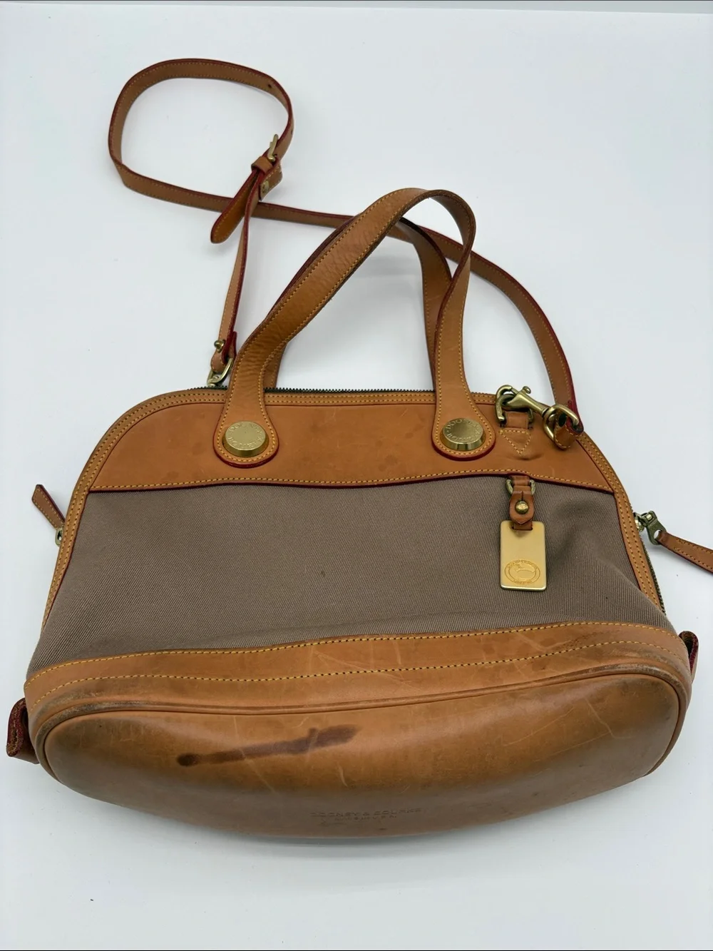 VTG Dooney & Bourke Cabriolet Tan Leather Canvas Dome Handbag Purse USA BLEMISH